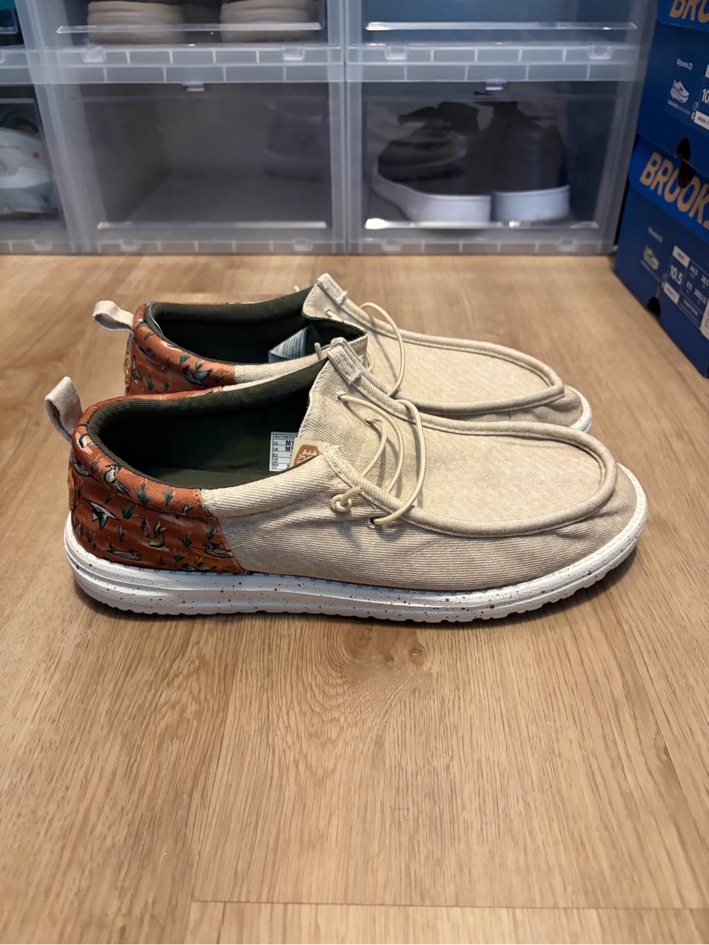 Hey Dude Beige Canvas Slip-On Loafers with Brown Duck Patterned Heel